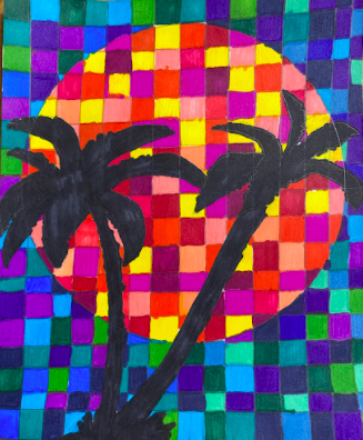 Grid Painting Two palm trees are silhouetted against a colorful background grid of painted squares