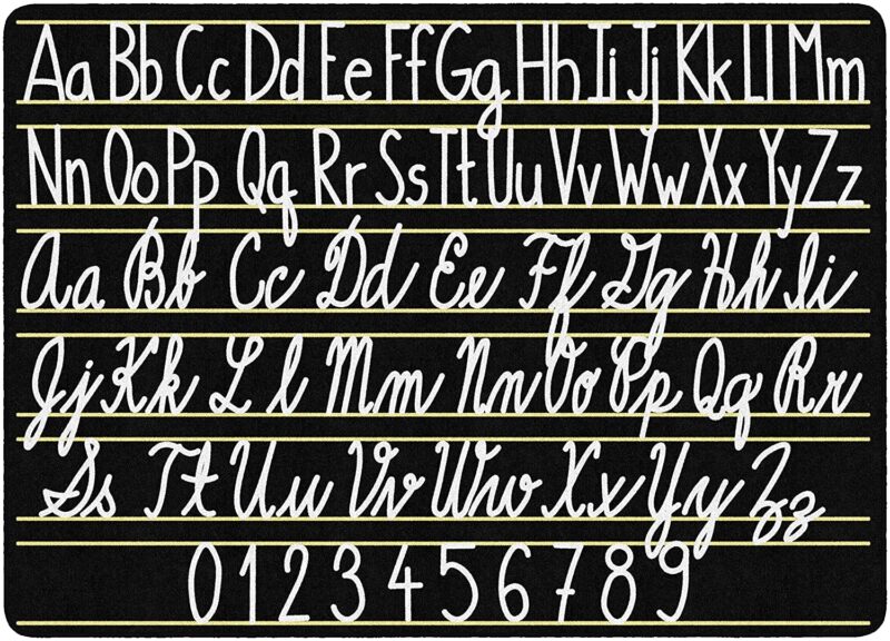 Handwriting Rug A black rug has white writing that shows printed letters and cursive letters in this example of classroom rugs.