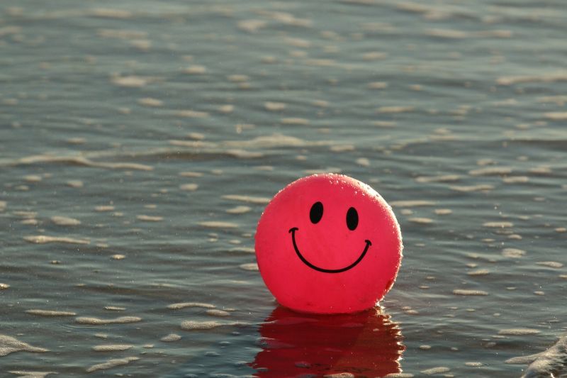 Picture Prompt: Happy Ball A red ball with a smiley face floating on the water