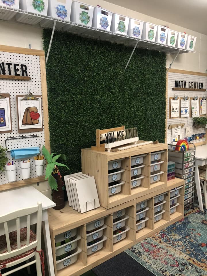 pine storage with white draws is shown in a classroom (ikea classroom)