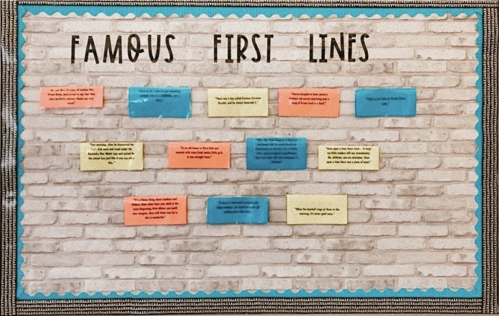 Interactive Bulletin Boards: First Lines Bulletin board with Famous First Lines of well-known novels on flip cards with the titles listed instide