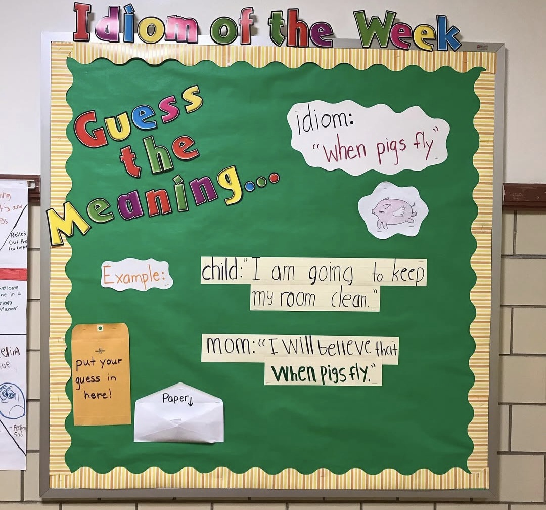 Interactive Bulletin Boards: Idioms Idiom of the Week interactive bulletin board with idiom and place for students to guess the meaning