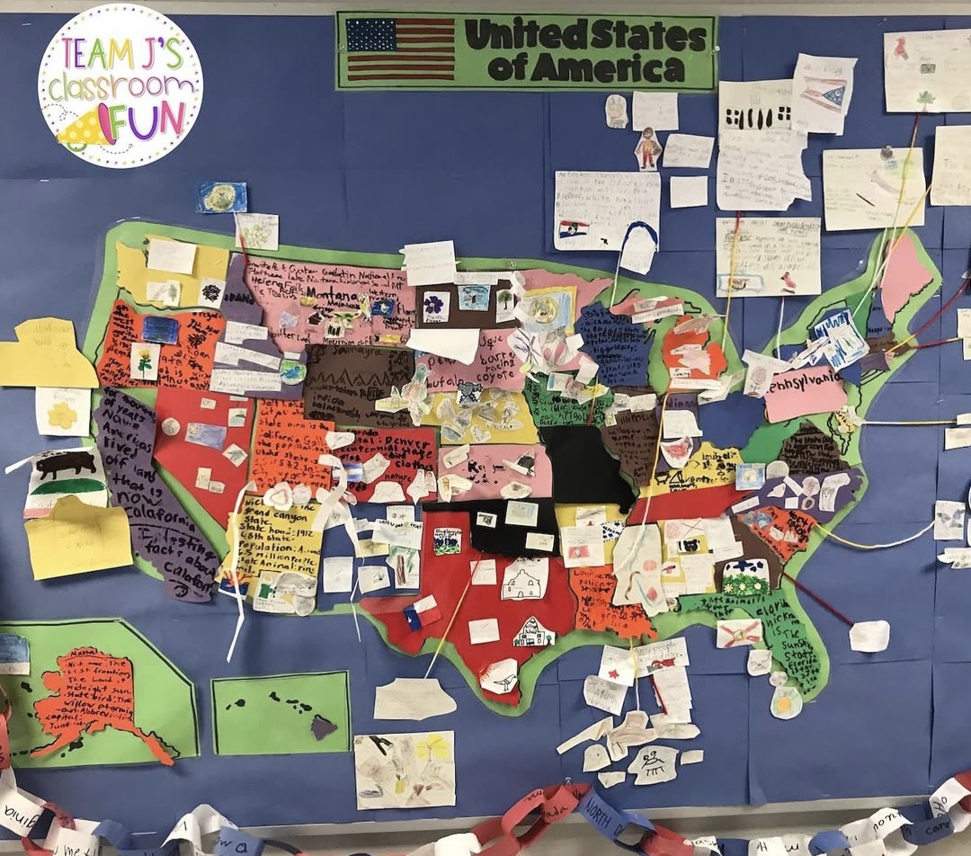 Interactive Bulletin Boards: Map Bulletin board with map of the US, with facts and pictures added by students