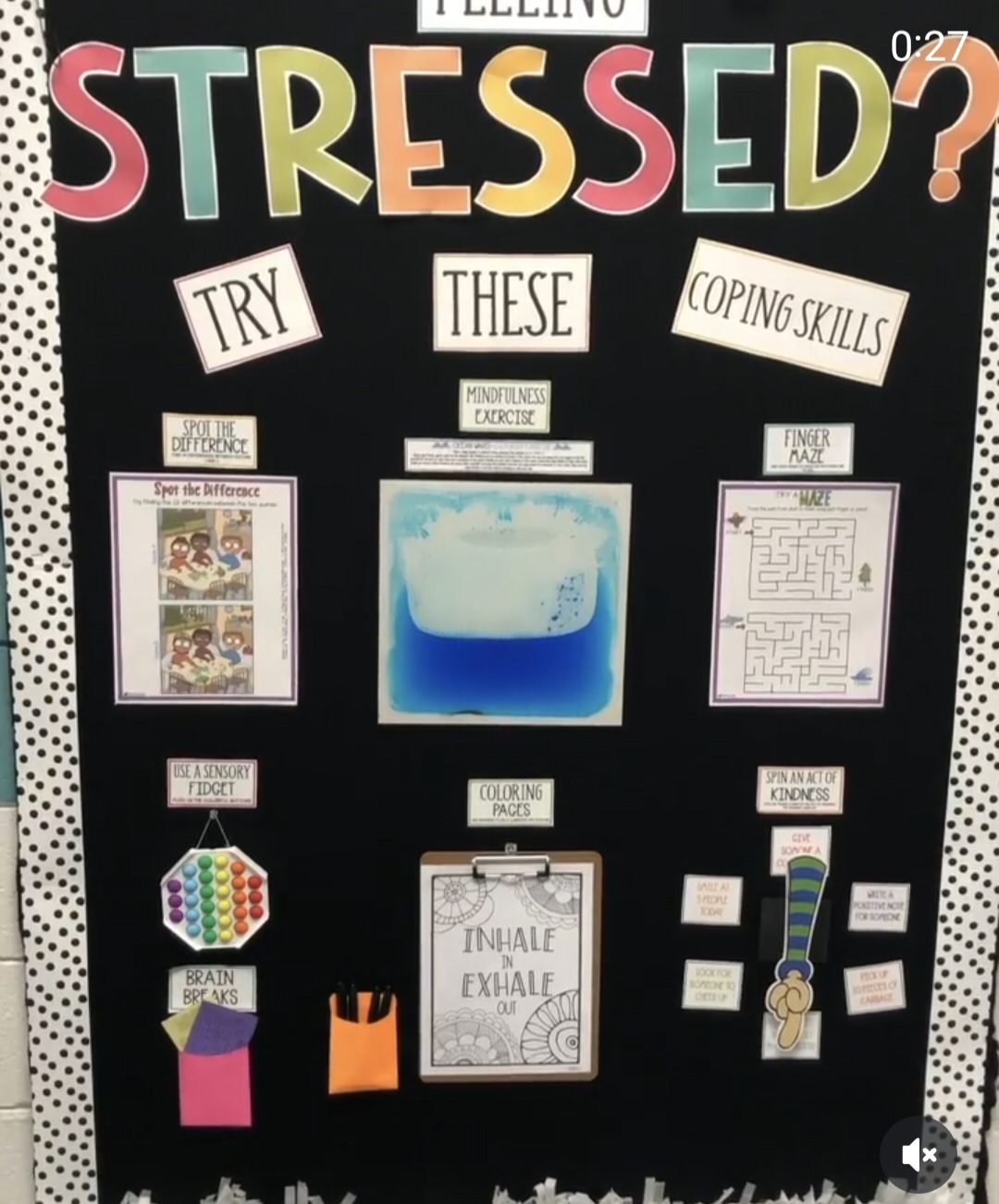 Interactive Bulletin Boards: Stress Bulletin board labeled "Stressed?" with a variety of anti-anxiety activities and toys
