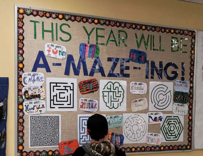 Interactive Bulletin Boards: A-Mazing Bulletin board titled This Year Will Be A-Maze-ing with various mazes for students to solve