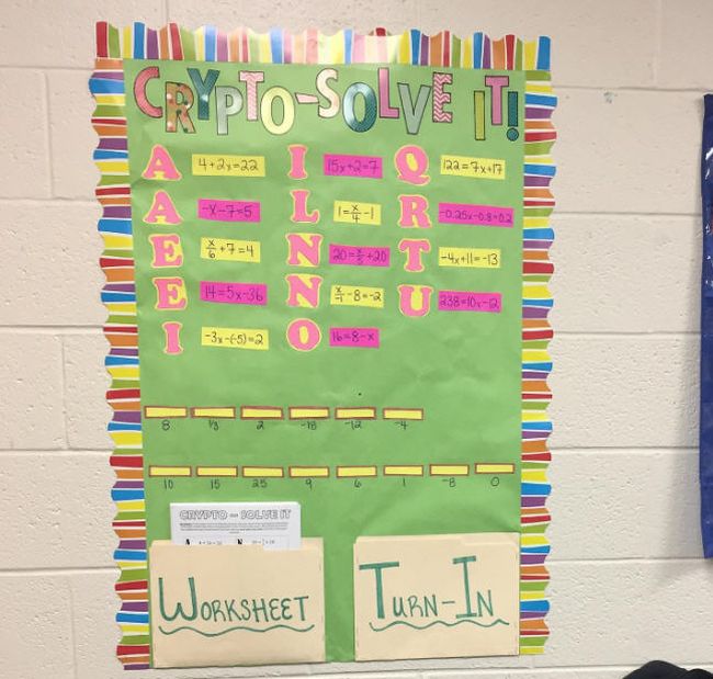 Interactive Bulletin Boards: Crypto Solve It! Bulletin board called Crypto Solve It with equations to solve to learn the correct letters of a coded phrase