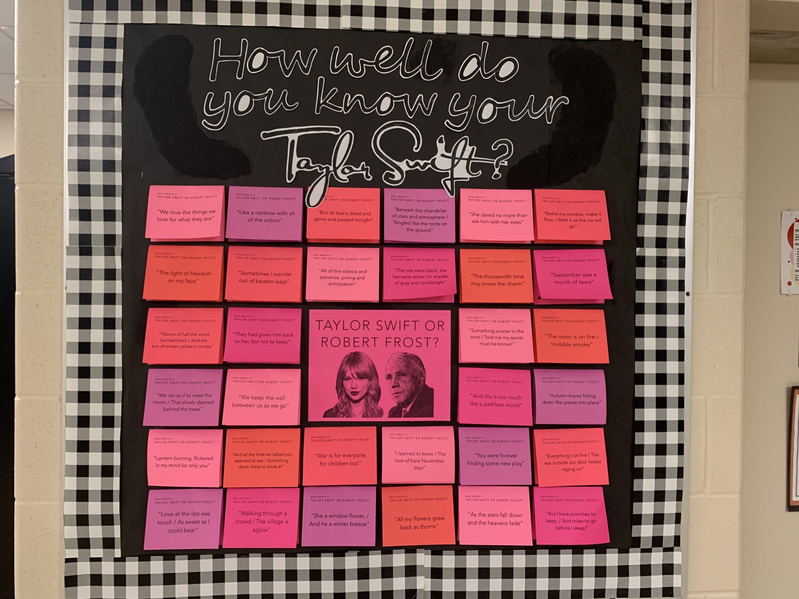 Interactive Bulletin Boards: Pop Music or Poetry Bulletin board with quotes from Taylor Swift and Robert Frost for students to identify