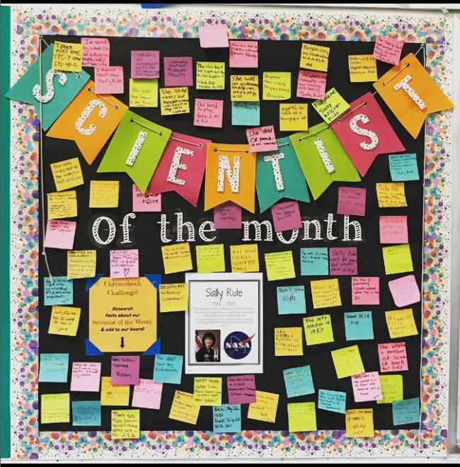 Interactive Bulletin Boards: Scientist of the Month Scientist of the Month bulletin board about Sally Ride, with student-researched facts on sticky notes