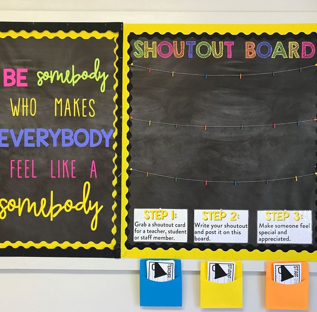 Interactive Bulletin Boards: Shout Outs Bulletin board with cards to give fellow students or school staff a positive shout out