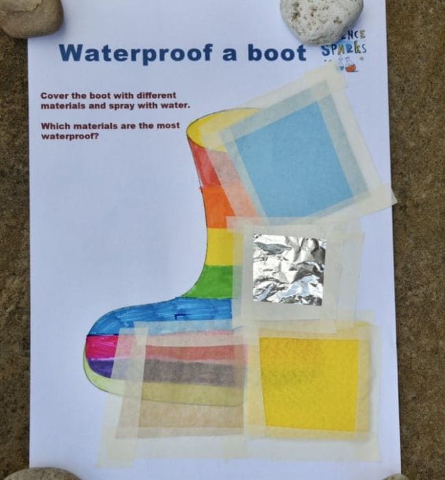 waterproof-boot Worksheet showing drawing of a boot, covered with various materials like plastic, foil, and paper