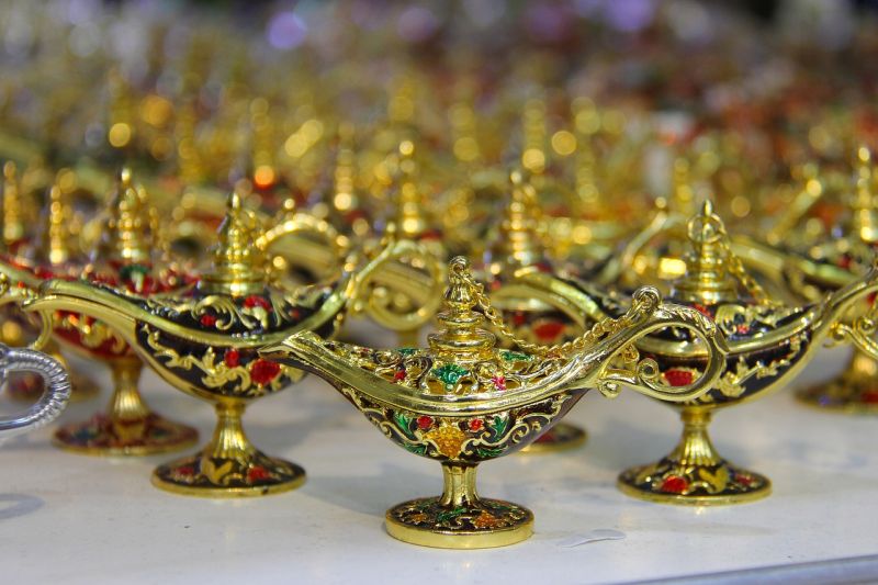 Picture Prompts: Magic Lamps A collection of green "genie" lamps studded with gems