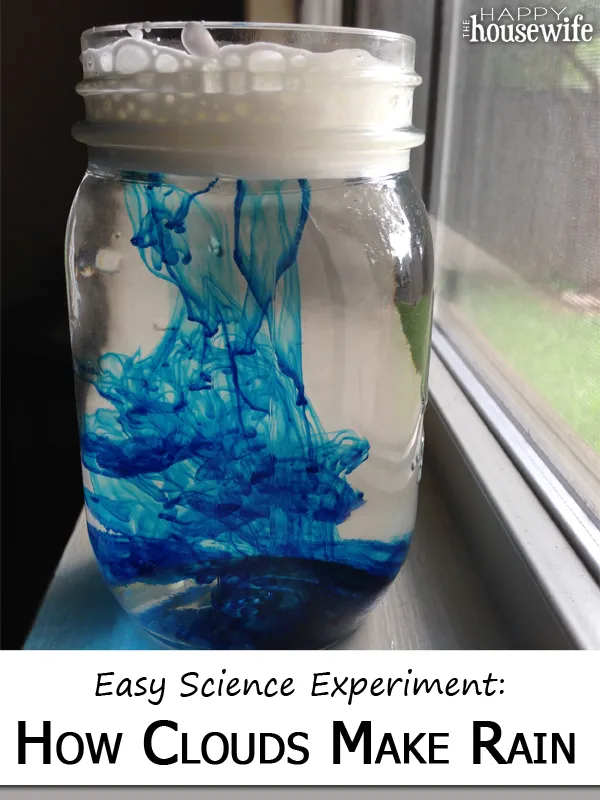 Make-it-Rain make rain in a jar activity shows a clear jar with blue food coloring in it.