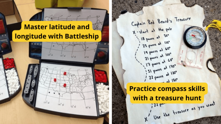 Map skills activities including learning latitude and longitude with Battle Ship and practicing using a compass with a treasure hunt