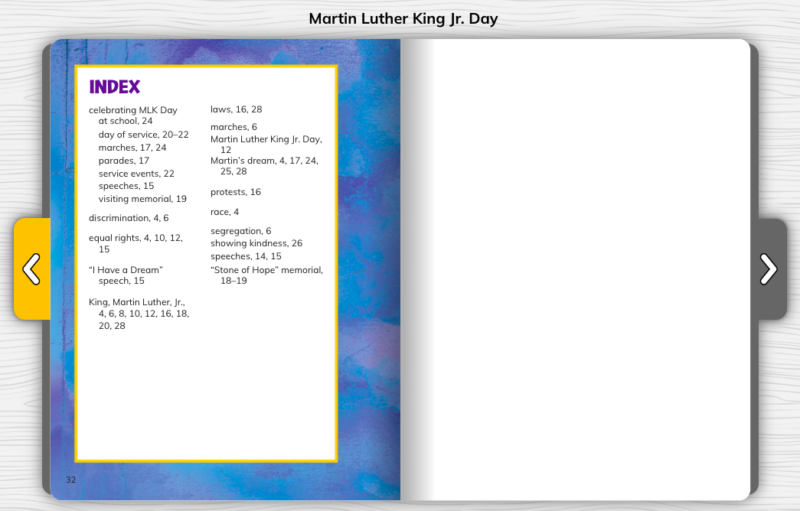Martin Luther King Jr. Day Index Sample page from Martin Luther King Jr. Day showing index