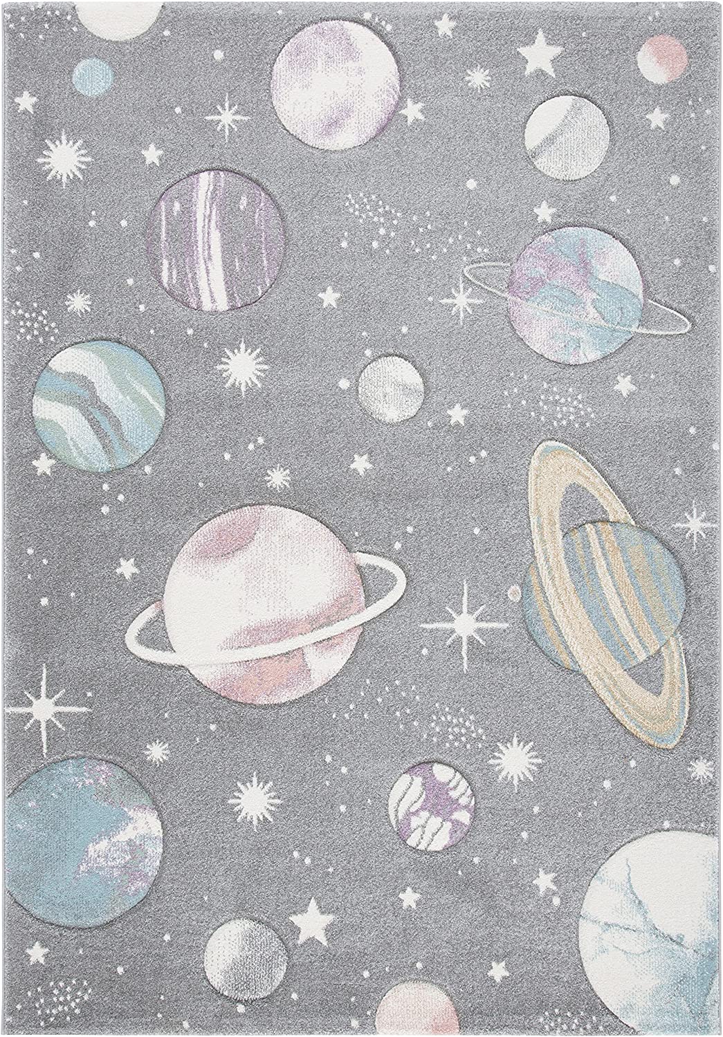 Outer Space Rug A gray neutral rug has planets on it.