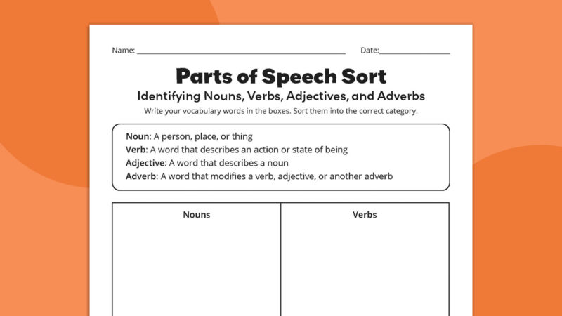 Parts of Speech Sort Flat lay of Parts of Speech Sort vocabulary worksheet