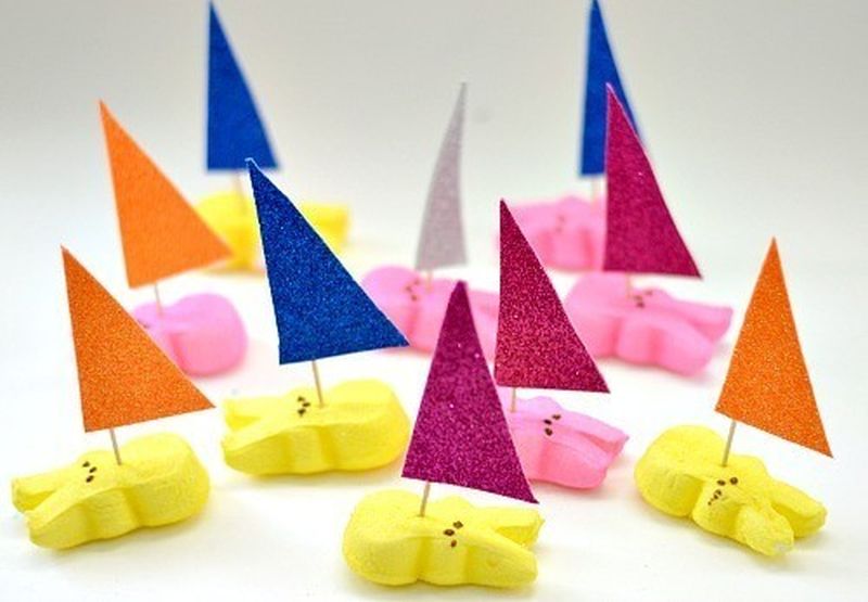 peeps-boats Bunny-shaped marshmallow Peeps with sails made from toothpicks and construction paper as an example of science activities for preschoolers