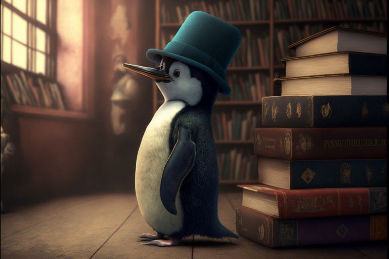 Picture Prompt: Penguin Bookshop An illustration of a penguin wearing a top hat, standing in a booksshop