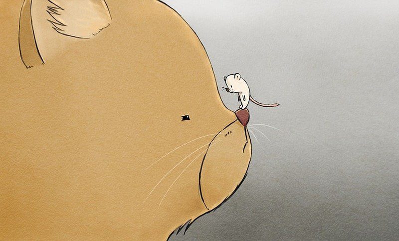 picture writing prompts cat and mouse Cartoon illustration of a large bear with a tiny mouse standing on its nose, looking into its eyes (Picture Writing Prompts)