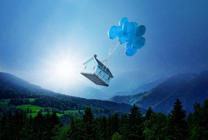 Picture Writing Prompts: Balloon House Blue house floating in the sky above mountains, held up by blue balloons