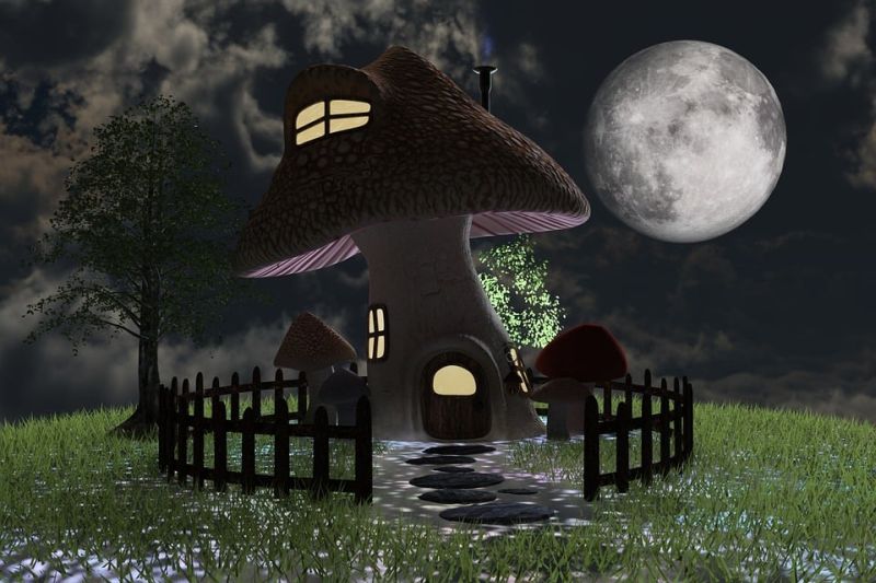 Picture Writing Prompts: Mushroom House Illustration of a mushroom turned into a house, with a fence and lighted windows, under a full moon