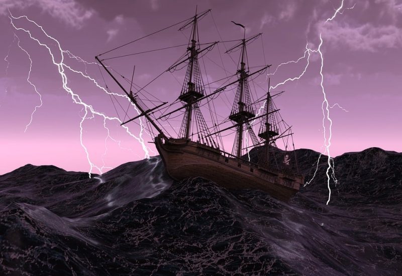 picture writing prompts ship A pirate ship on stormy seas, with a purple sky and dramatic streaks of lightning