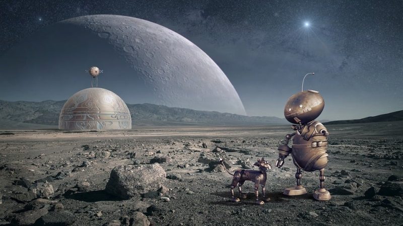 Picture Writing Prompts: Space Scene A space scene showing a robot and robot dog standing on the surface of an alien planet, with a domed habitat behind them