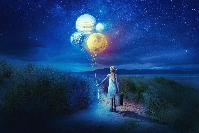 Writing Prompt: Planet Balloons A girl standing on a path, holding a suitcase and a bunch of balloons that look like planets