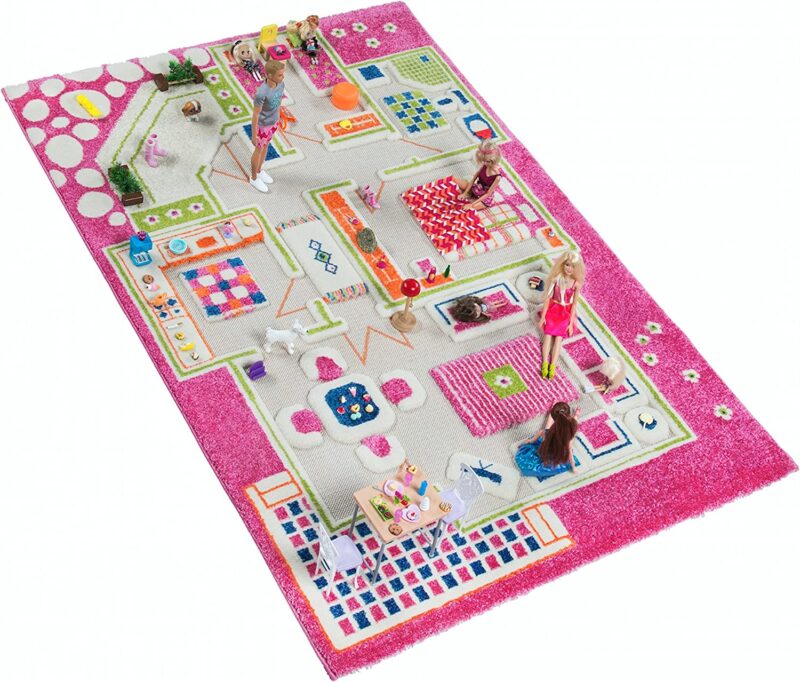 Playhouse Rug A pink rug is divided into rooms of a house with furniture printed on it in this example of classroom rugs.
