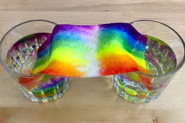 paper-towel-rainbow Paper towel strip draped between two glasses of water, with colorful marker rainbow ink moving from each side to meet in the middle