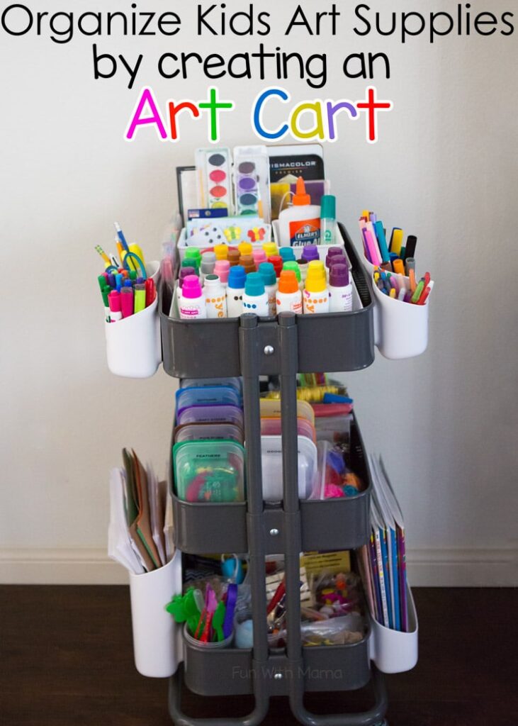 A three tier cart has various art supplies in it.