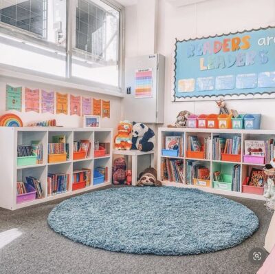 Readers are leaders reading corner of kindergarten classroom with stuffed animal reading buddies