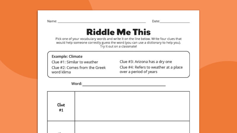 Riddle Me This Flat lay of Riddle Me This vocabulary worksheet