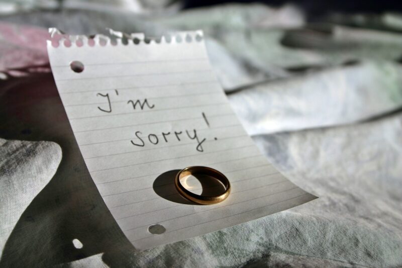 Picture Prompts: Ring and Note Black and white photo of a wedding ring lying on a sheet of notepaper saying "I'm sorry!"
