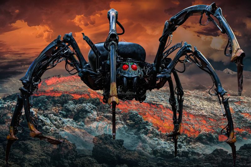 Picture Prompts: Robot Spider A large mechanical spider standing on a stormy beach