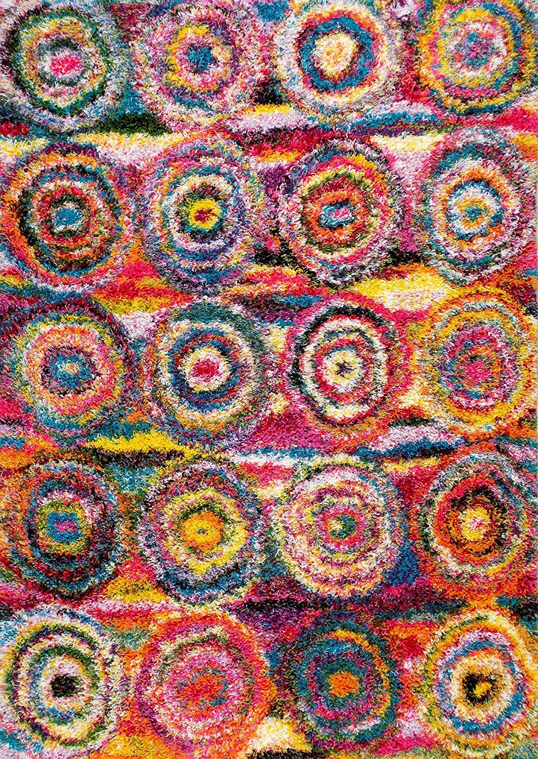 Shag Circle Rug A shaggy rainbow rug with circles is shown as an example of classroom rugs.