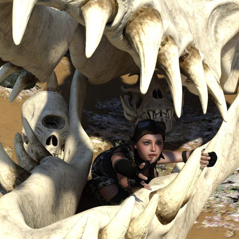 Picture Prompts: Hiding Place Child hiding inside a large toothy skull, reaching out a hand