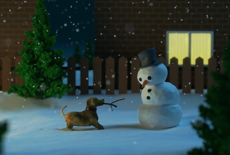 Picture Prompts: Snowman and Dog A claymation dog bringing a stick to a snowman in a snowy scene