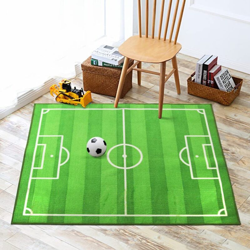 Soccer Rug A rug is designed to look like a soccer fied.