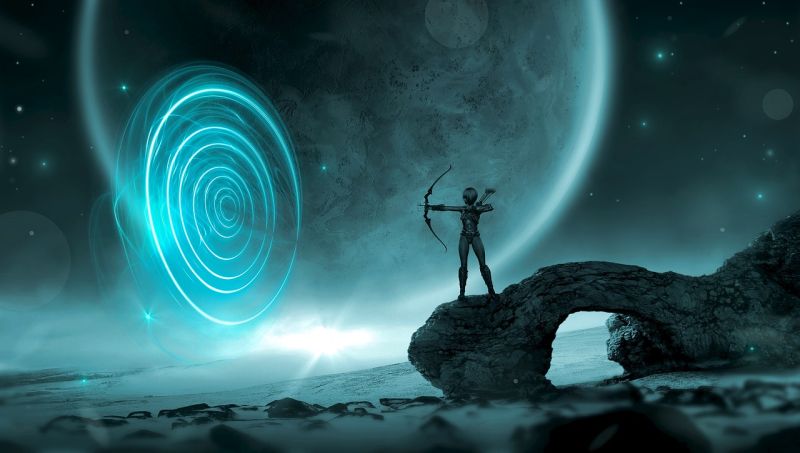 Writing Prompts: Space Target An illustration of a woman aiming an arrow at a target against an outer space landscape