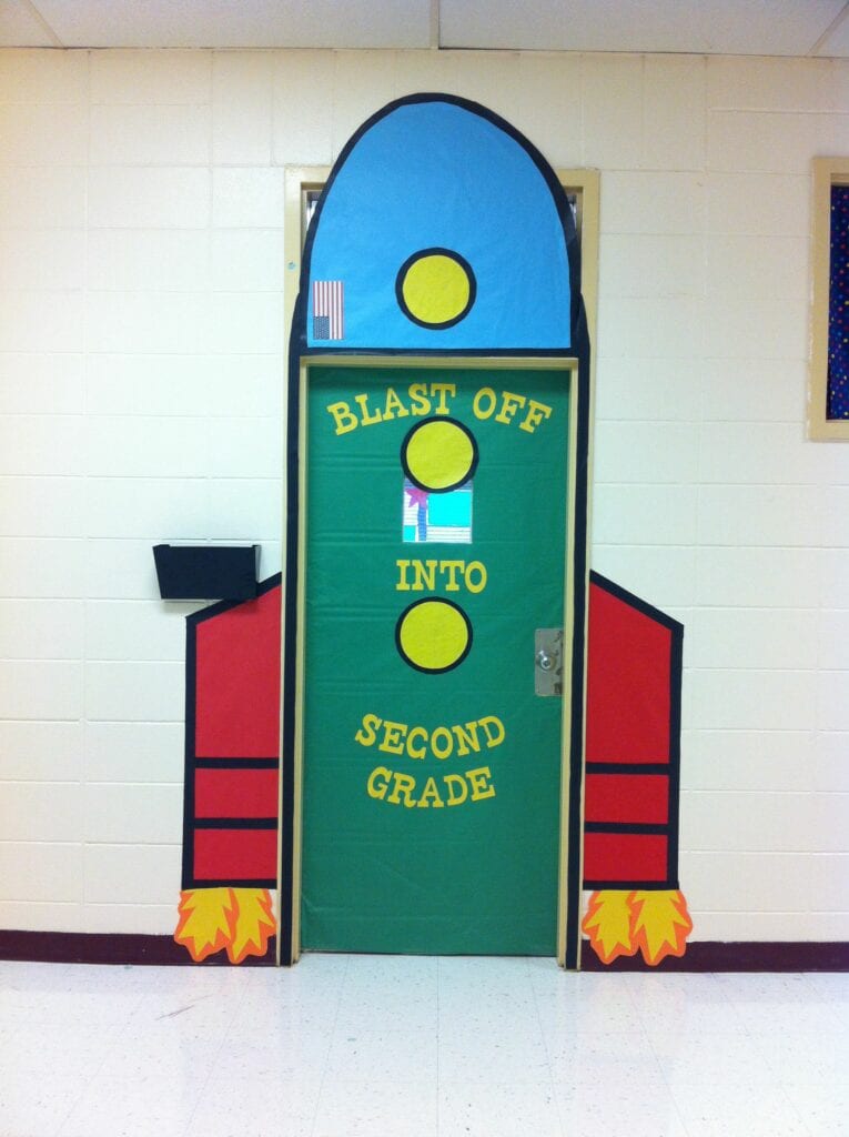 Rocket classroom door decor ideas for space theme