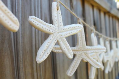 starfish-garland White clay starfish strung together along a fence