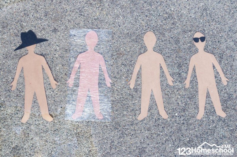sunscreen-science Four construction paper people are shown. One is wearing a hat, one is wrapped in plastic wrap, one is plain, and one is wearing sunglasses.