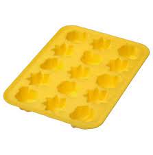 Ice Cube Tray A yellow rubber ice cube tray is pictured.
