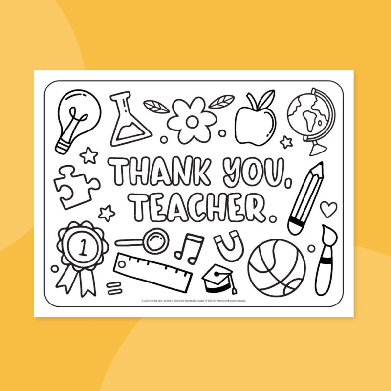 Teacher Appreciation Coloring Page – Thank You Teacher Appreciation coloring page on yellow background that says, Thank You Teacher.
