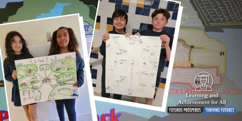 theme-parks students holding their examples of theme park maps they designed, idea to teach the five themes of geography
