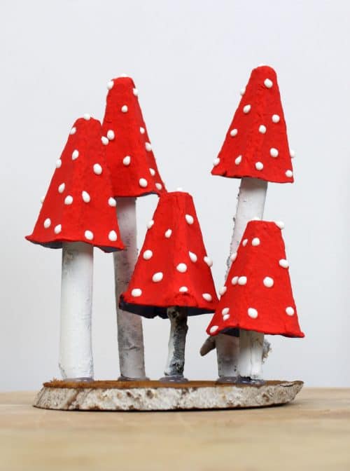toadstools Red toadstools with white polka dots are made from sections of an egg carton