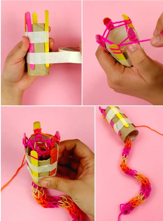 Tube Knitting Cardboard tube being used to create a knitted tube of colorful yarn