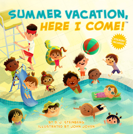 Summer-Here-I-Come Book cover of Summer Vacation, Here I Come, with kids swimming in a pool (summer read alouds)