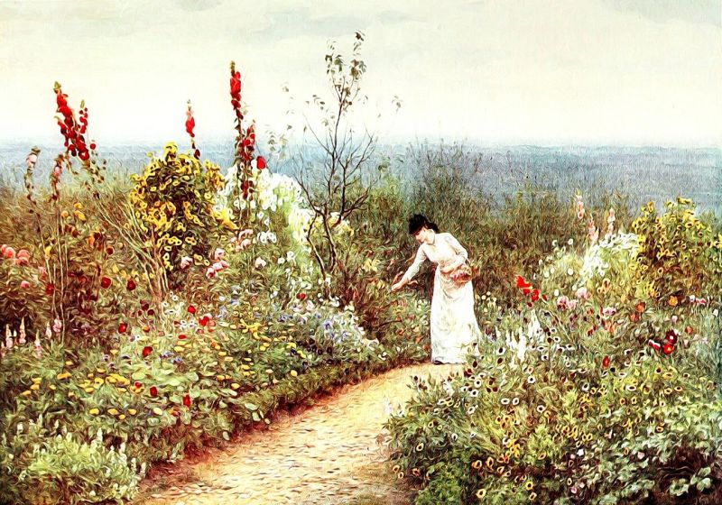 Picture Prompts: Vintage Garden Painting of a woman in old-fashioned clothing walking in a cottage garden